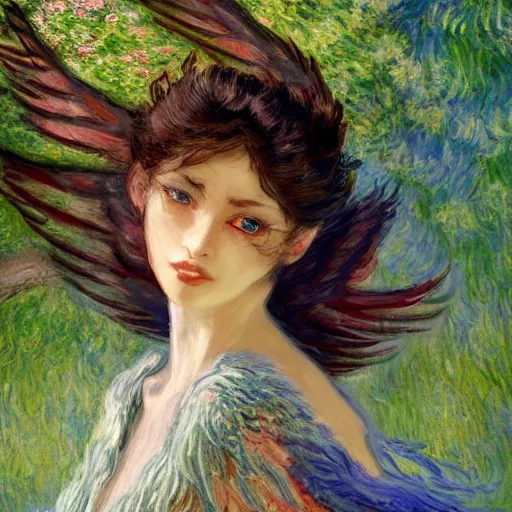 Prompt: A cute harpy is enjoying the sweet summer air under the shade of a great oak tree in summer. trending on Pixiv. trending on ArtStation. A vibrant digital oil painting. A highly detailed fantasy character illustration by Wayne Reynolds and Charles Monet and Gustave Dore and Carl Critchlow and Bram Sels