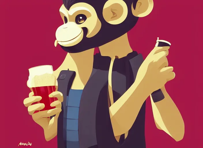 Image similar to cute monkey drinking beer. clean cel shaded vector art. behance hd by lois van baarle, artgerm, helen huang, by makoto shinkai and ilya kuvshinov, rossdraws, illustration, art by ilya kuvshinov