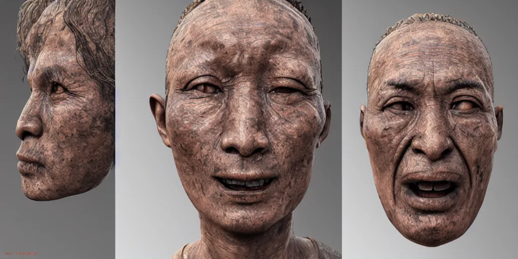 Image similar to photorealistic fossilised bronze sculpture face portrait of chinese uyghur muslim prisoner, wearing victorian rags, elite, disfigured, drooling, moist, unnatural movement, they are unhappy, bizzaro, renaissance, by emedios varo and anato finnstark and fenghua zhong and giacometti, hyperrealism, 8 k, 3 d, masterpiece, texture