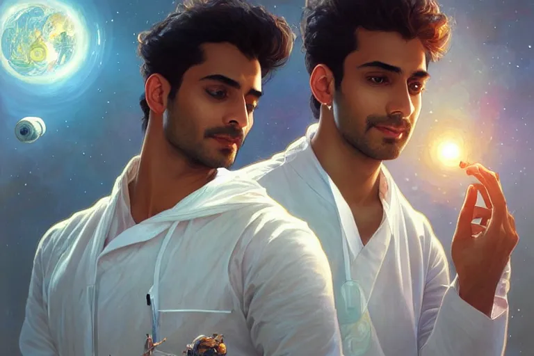 Image similar to Sensual good looking pale young Indian doctors wearing jeans in a space station above Earth, portrait, elegant, intricate, digital painting, artstation, concept art, smooth, sharp focus, illustration, art by artgerm and greg rutkowski and alphonse mucha