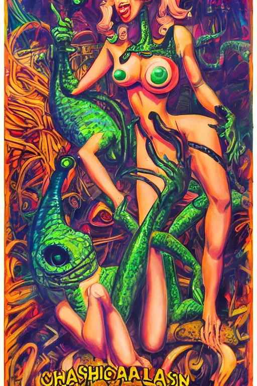Image similar to An anthropomorphic lizard go-go dancer, beautiful female, 1960s steampunk psychedelic rave aesthetic. In the style of Ralph Bakshi and Alain Aslan. Oil on canvas, propaganda poster.