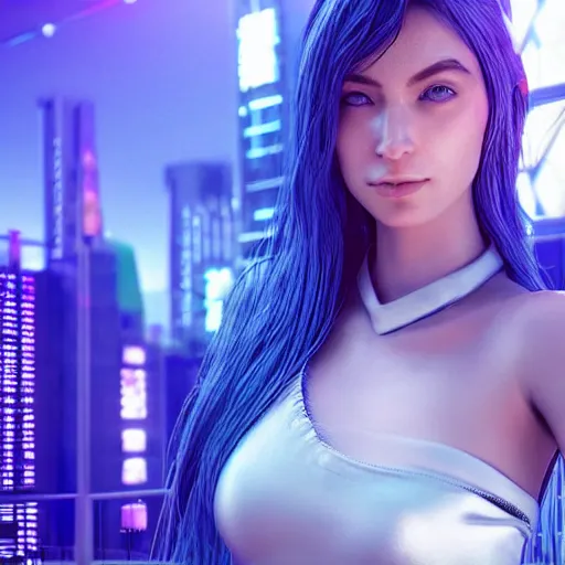 Image similar to “hyperrealistic ultra detailed unreal engine 5 RTX raytracing nvidia hairworks render of portrait of the most beautiful girl with blue eyes. She is in heavens cyberpunk city greenhouse. futuristic. cinematic. very high detailed. By Charli Amani. By Tsubasa Nakai ”