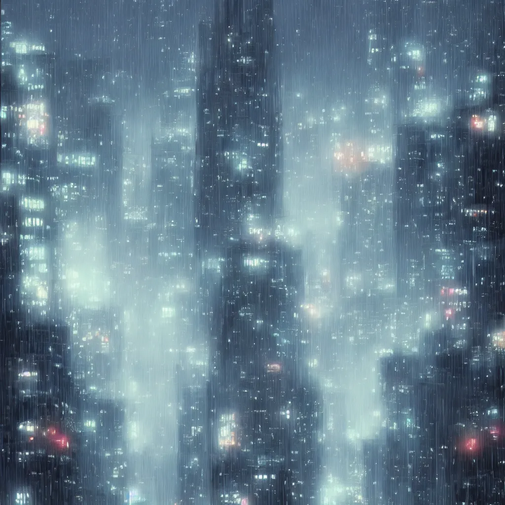 Image similar to beautiful raining anime cityscape by makoto shinkai, tall buildings and grey fog, trending on pixiv