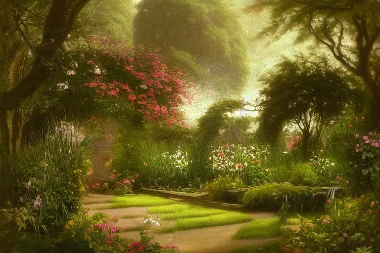 Prompt: secret garden, lush, floral, botanical, romanticism, dreamy, light, moody, hudson river school