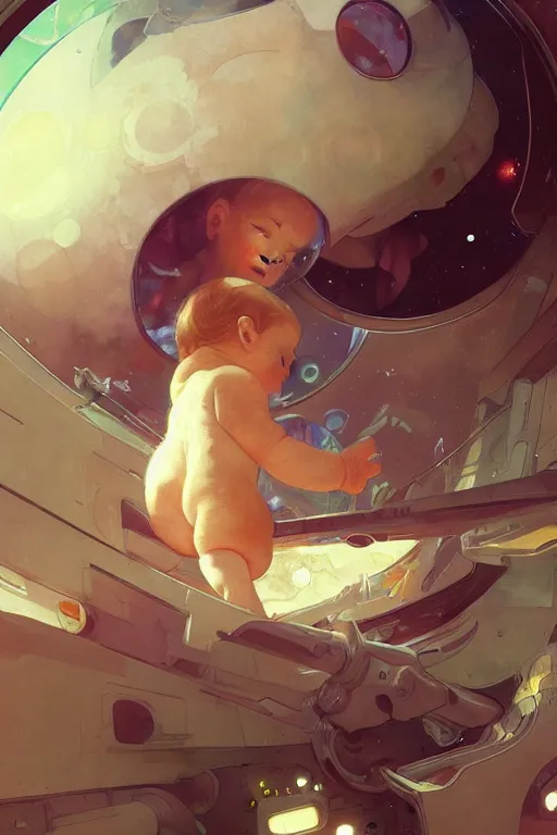 Prompt: A baby in a spaceship highly detailed, digital painting, artstation, the space background,concept art, sharp focus, illustration, art by Krenz Cushart and Artem Demura and alphonse mucha