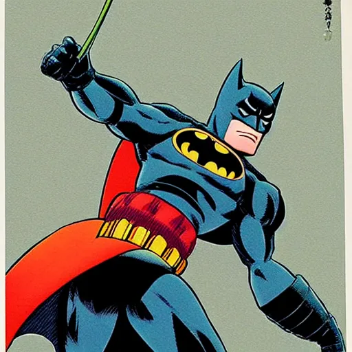 Prompt: a japanese menko print of batman, art by akira toriyama - ralph mc quarrie - jamie hewlett.