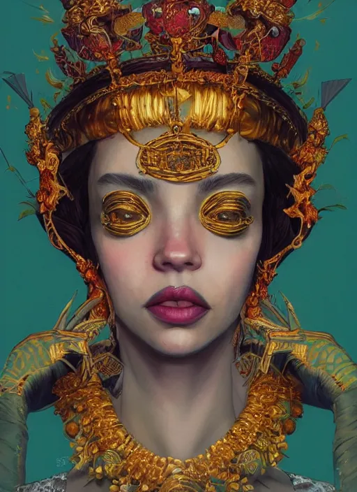 Prompt: a beautiful queen with gold skin :: by Martine Johanna and Simon Stålenhag and Chie Yoshii and wlop and Guillermo del toro :: ornate, dynamic, particulate, rich colors, elegant, centered, artstation, smooth, sharp focus, octane render, 3d