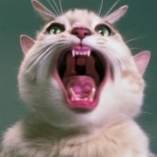 Image similar to screaming cat wide open mouth reaction image, movie still