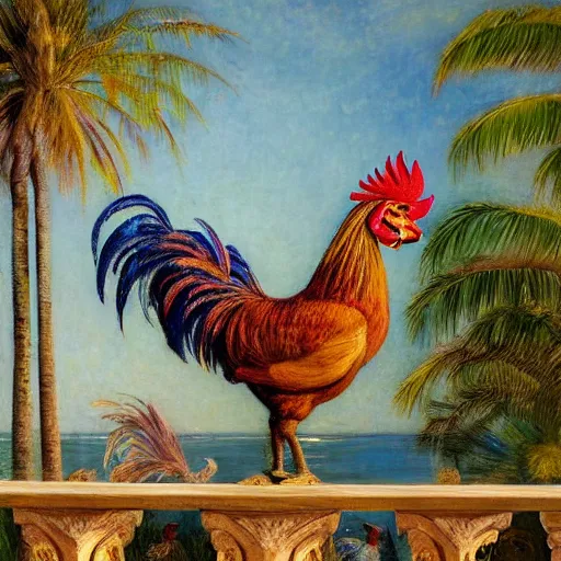 Image similar to a ultradetailed beautiful painting of a rooster in the amazonas palace balustrade designed by jules bastien - lepage, hans belmer, frank weston and gustave baumann, beach, trending on artstation, mediterranean, palm trees, refracted color sparkles, sharp focus, soft light, 8 k 4 k