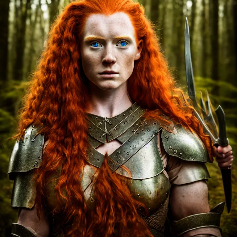 Image similar to 5 5 mm portrait photo of an armored handsome well - built female warrior, red hair, ginger hair, in a magical forest in the style of lord of the rings, highly detailed 8 k. intricate. lifelike. soft light. nikon d 8 5 0. cinematic post - processing