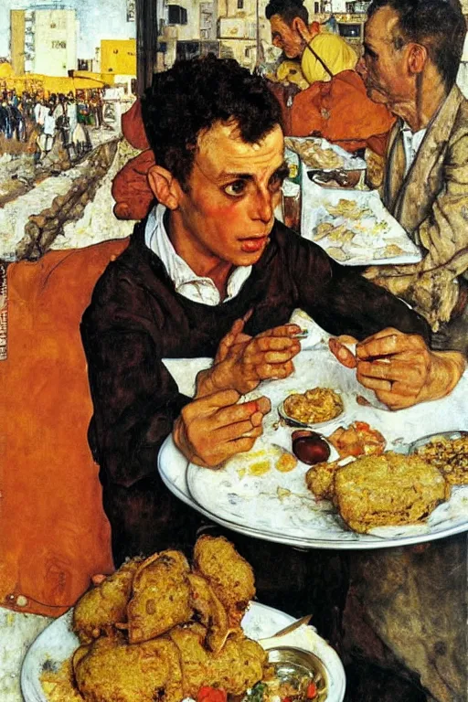 Image similar to portrait of an israeli man eating a falafel in tel aviv, norman rockwell, egon schiele