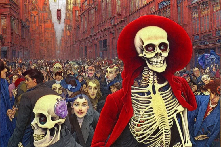 Image similar to realistic detailed portrait painting of a single skeleton wearing red velvet blazer in a crowded futuristic moscow street by Jean Delville, Amano, Yves Tanguy, Alphonse Mucha, Ernst Haeckel, Edward Robert Hughes, Roger Dean, rich moody colours, blue eyes