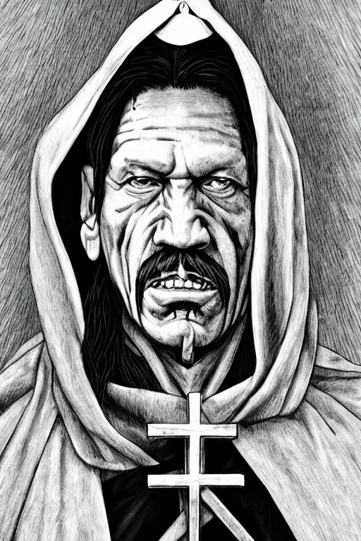 Image similar to portrait of Danny Trejo as church nun, highly detailed, artstation, manga illustration by Kentaro Miura berserk