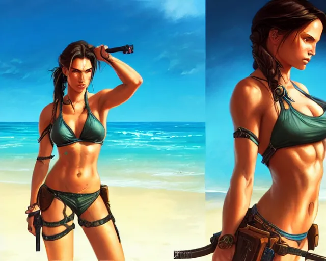 Image similar to photography of lara croft in bikini at the beach, deep focus, d & d and mtg, fantasy, intricate, elegant, highly detailed, digital painting, artstation, concept art, matte, sharp focus, illustration, hearthstone, art by artgerm and greg rutkowski and alphonse mucha