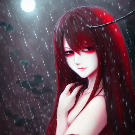 Prompt: beautiful lustful female ghost, in the rain, highly detailed, painting, dark red and black color palette, intricate, high quality anime artstyle, in the style of sana takeda