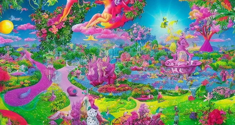 Image similar to bosch and lisa frank and beeple painting of a magnificent garden
