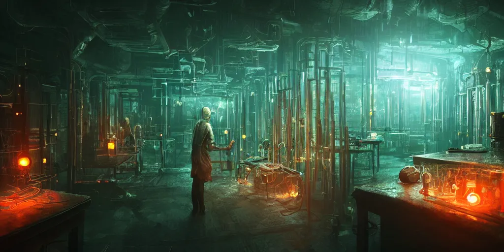 Image similar to biopunk laboratory with glowing liquid professional digital art, intricate details, moody lightning, rendered in unreal engine, full details, octane render, rendered in maya, cgsociety, trending on artstation with dark and disutrbing horror atmosphere