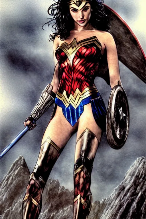 Image similar to Gal Gadot as Wonder Woman with athletic body, illustration by Luis Royo