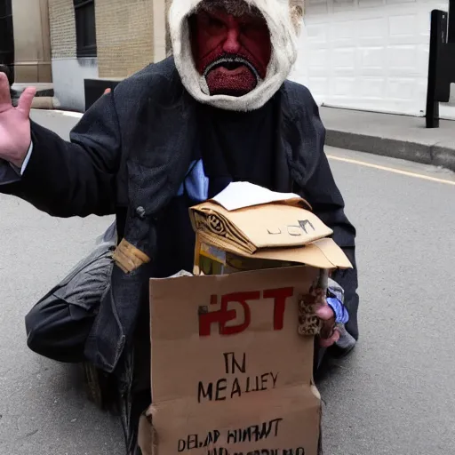 Image similar to donald trump dressed as a homeless man asking for money on the streets