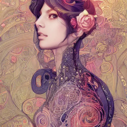 Image similar to the portrait of an unbelievably beautiful, elegant, sensual, and sophisticated young woman, an ultrafine detailed illustration by james jean, intricate linework, bright colors, final fantasy, behance contest winner, vanitas, angular, altermodern, unreal engine 5 highly rendered, global illumination, radiant light, detailed and intricate environment