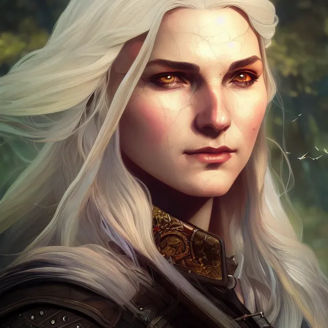 Prompt: close up portrait of a beautiful female witcher, artistic, magical mountain background with light rays, fantasy atmosphere. art by artgerm, greg rutkowski and alphonse mucha, highly detailed, intricate, lifelike. sci - fi, fantasy, magical, octane render,