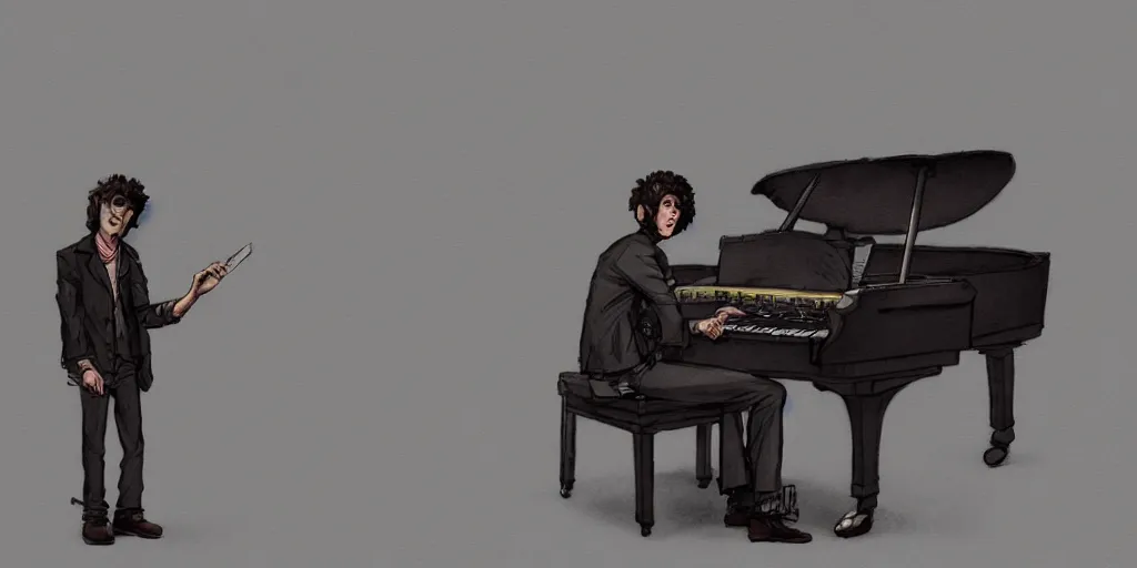 Image similar to cartoonish bob dylan playing the piano, character sheet, fine details, concept design, contrast, kim jung gi, greg rutkowski, trending on artstation, 8 k, full body, turnaround, front view, back view, ultra wide angle