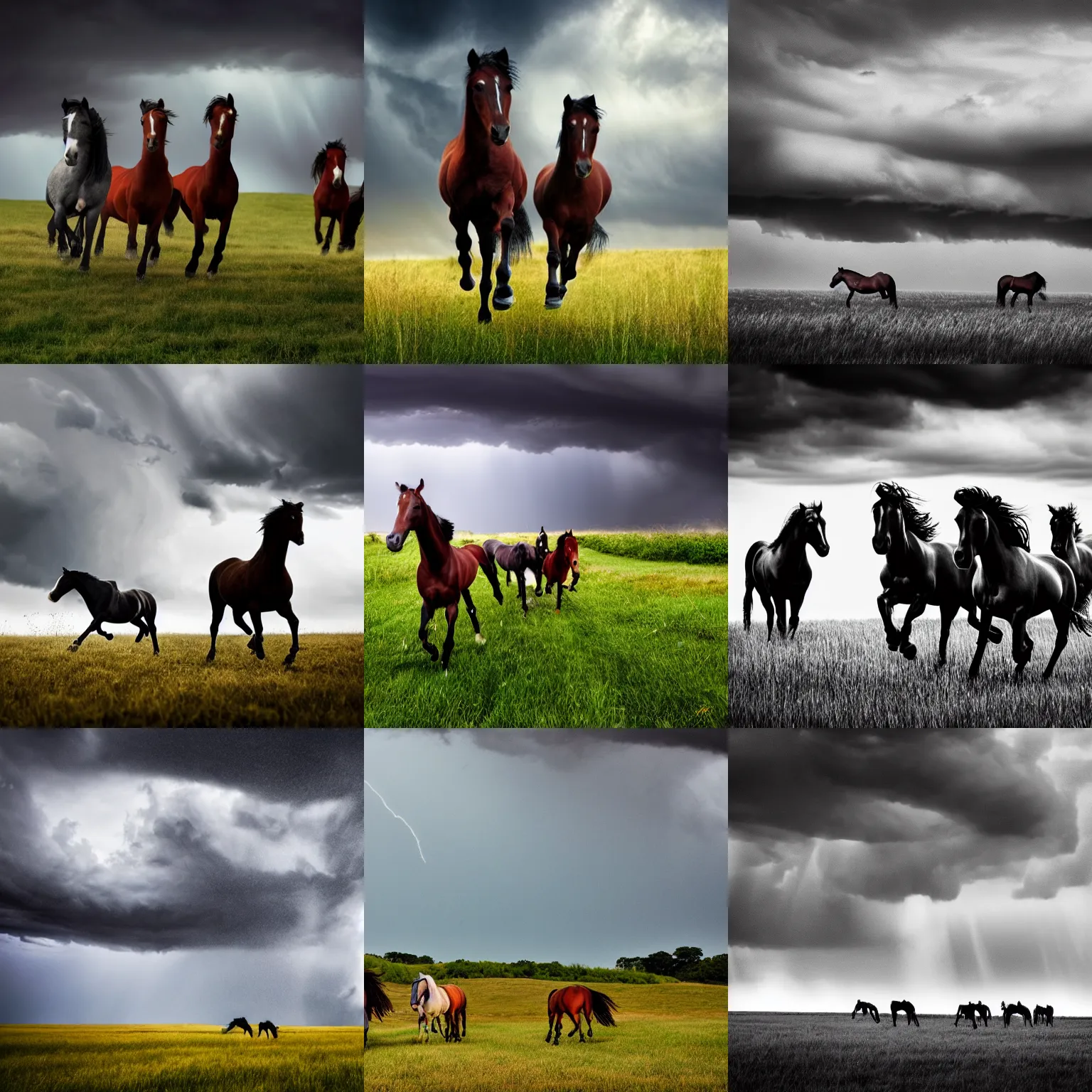 Prompt: epic scene horses running, storm coming, dark sky, tall tall tall grass, wind blowing
