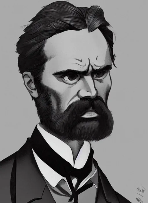 Prompt: Gigachad Friedrich Nietzsche with a chiseled Jawline and serious Look, in his suit, in the Style of Artgerm and Ross Draws and Mike Mignola, beautiful colors, hard shadows, rim light, plain background, trending on artstation