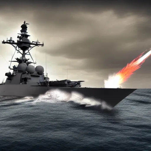 Prompt: Highly detailed photograph of a warship firing its naval automatic gun, HDR, 8k, trending on artstation, concept art