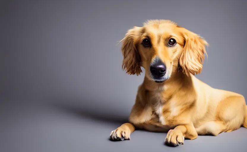 Prompt: studio photography of a dog sitting in front of a yellow background, detailed face, cinematic lighting, 8 k