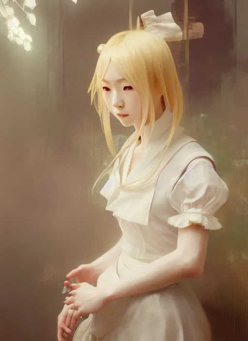 Image similar to symmetry!! portrait of a pretty japanese girl with blonde hair dressed as a french maid, elegant, highly detailed, digital painting, 8 k, concept art, smooth, sharp focus, illustration, ethereal, misty, octane render, by ruan jia and jeremy mann and alphonse mucha