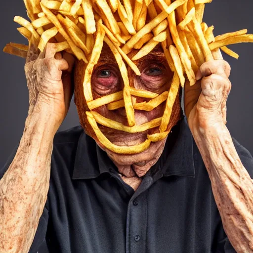 Prompt: an elderly man wearing a mask made from french fries, bold natural colors, national geographic photography, masterpiece, 8 k, raw, unedited, symmetrical balance