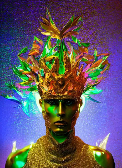 Prompt: photo of baroque and bladerunner delicate neon emerald sculpture of seductive king adrien sahores tigers orange iridescent humanoid deity wearing metallic jungle leaves holding the sun prismatic dungeon, glowing rainbow face, crown of white diamonds, cinematic lighting, photorealistic, octane render 8 k depth of field 3 d