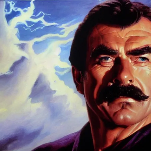 Image similar to ultra realistic portrait painting of tom selleck as lord voldemort, art by frank frazetta, 4 k, ultra realistic, highly detailed, epic lighting