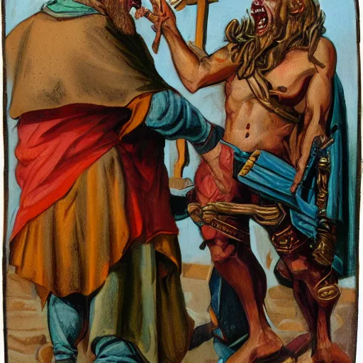 Image similar to realistic grom hellscream calmly giving judas iscariot money