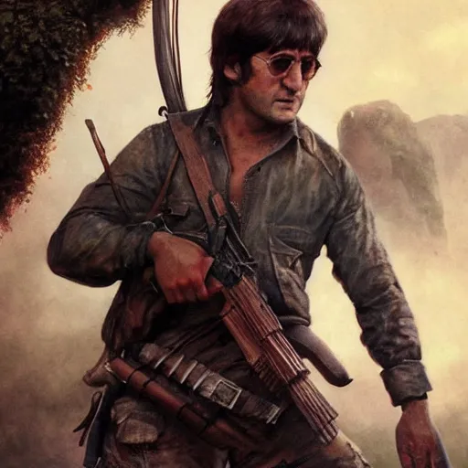 Prompt: john lennon as rambo, ultra realistic, concept art, intricate details, highly detailed, photorealistic, octane render, 8 k, unreal engine, art by frank frazetta, simon bisley, brom