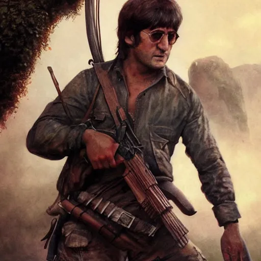 Image similar to john lennon as rambo, ultra realistic, concept art, intricate details, highly detailed, photorealistic, octane render, 8 k, unreal engine, art by frank frazetta, simon bisley, brom