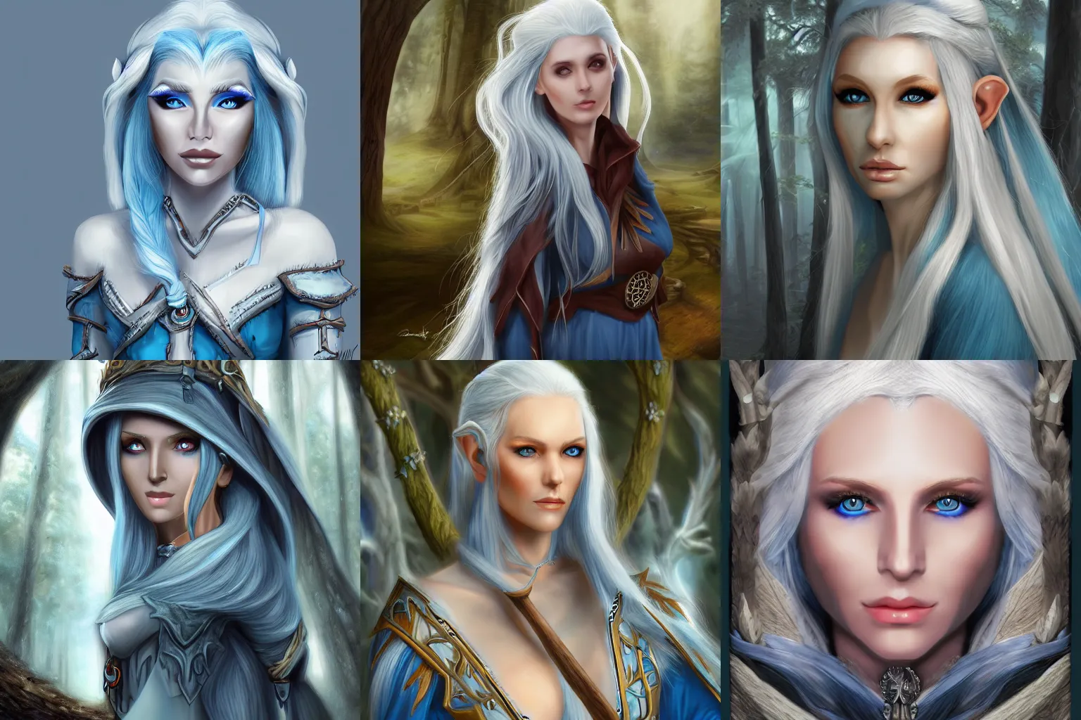Prompt: A matte painting of a beautiful white haired and blue eyes Wood elf Druid woman , trending on art station , extremely detailed
