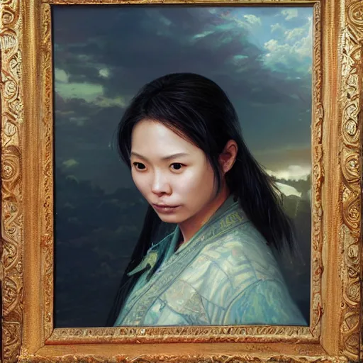 Image similar to portrait of a pancah woman ( 3 5 ) from taiwan in 2 0 2 1, an oil painting by ross tran and thomas kincade