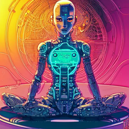 Image similar to a portrait of a beautiful cybernetic woman meditating in lotus pose, wires, cyberpunk concept art by josan gonzales and philippe druillet and dan mumford and enki bilal and jean claude meziere