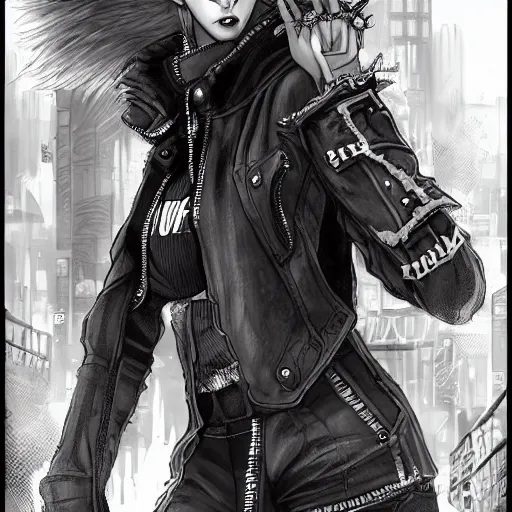 Image similar to beautiful furry art portrait commission of a furry anthro wolf fursona wearing punk clothes in the streets of a cyberpunk city. character design by charlie bowater, ross tran, rick griffin, miles df, detailed, inked, western comic book art