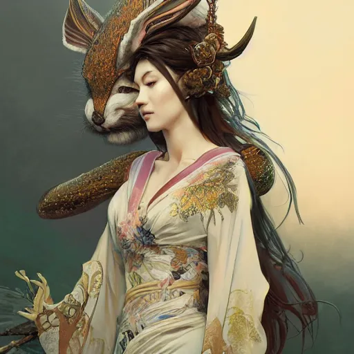 Image similar to a photorealistic dramatic fantasy render of a beautiful woman wearing a beautiful intricately detailed japanese rabbit kitsune mask and clasical japanese kimono by wlop, artgerm, greg rutkowski, alphonse mucha, beautiful dynamic dramatic dark moody lighting, shadows, cinematic atmosphere, artstation, concept design art, octane render, 8 k