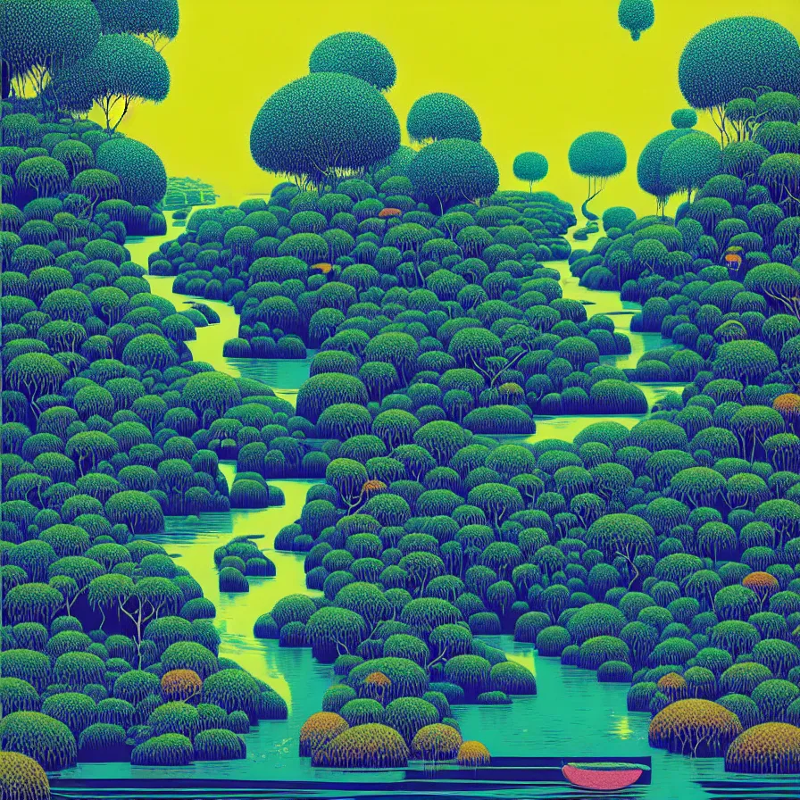 Prompt: ( ( ( gediminas pranckevicius ) ) ), river flow through borneo jungle, summer morning, very coherent and colorful high contrast art by james gilleard james gurney floralpunk screen printing woodblock, pointillism, dark shadows, pastel color, hard lighting, stippled light, art nouveau, film noir