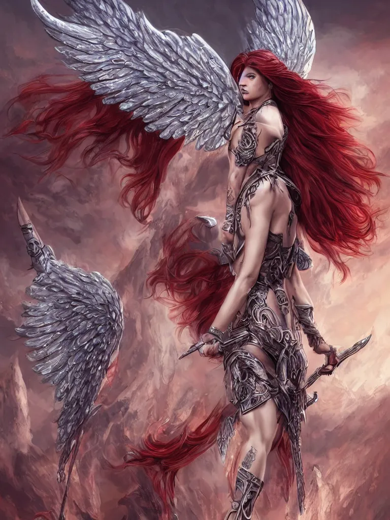 Image similar to a whole body D&D style illustration of Adriana as a warrior angel woman with angel wings wide opened , covered by elfish tattoos and wavy red hair, intricate, elegant, highly detailed, digital painting, artstation, wallpaper!, concept art, smooth, sharp focus, high fantasy illustration, art by artgerm and Vasylina, and Peter Andrew Jones