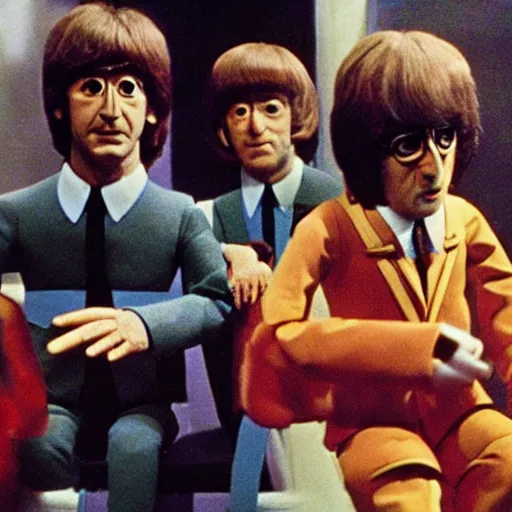 Image similar to stills from the beatles movie in puppets by gerry anderson, vintage film, 1 9 6 0 s