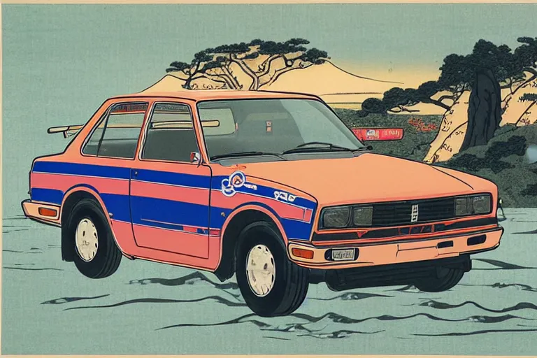 Prompt: ukiyo - e painting of a datsun 5 1 0