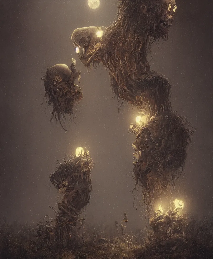 Image similar to portrait sad skull clown, raining, full moon, illustrated by Simon Stålenhag and Gaston Bussiere, beautiful volumetric lighting style atmosphere, intricate, ultra detailed, photorealistic, trending on artstation