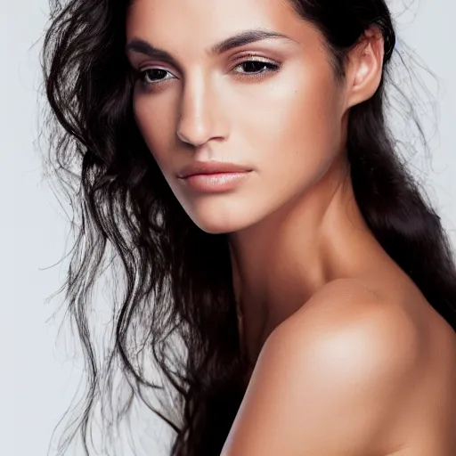 Prompt: Portrait photo of a beautiful supermodel, beautiful bone structure, long dark hair, olive skin, brown eyes, natural makeup, studio lighting, highly detailed, photo by Damon Loble.