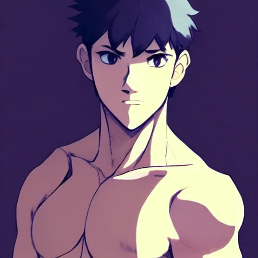 Image similar to a handsome muscular man wearing fashionable street attire, sitting down casually, square masculine facial features, short messy hair, intimidating appearance, trending on pixiv fanbox, by greg rutkowski makoto shinkai takashi takeuchi studio ghibli, akihiko yoshida