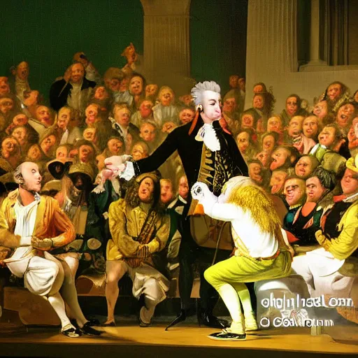 Image similar to wolfgang amadeus mozart performing a rap concert in front of ducks, the crowd are ducks, he is wearing clothes like money boy, he ha swag, the groupies are waiting in a queue to get their turn